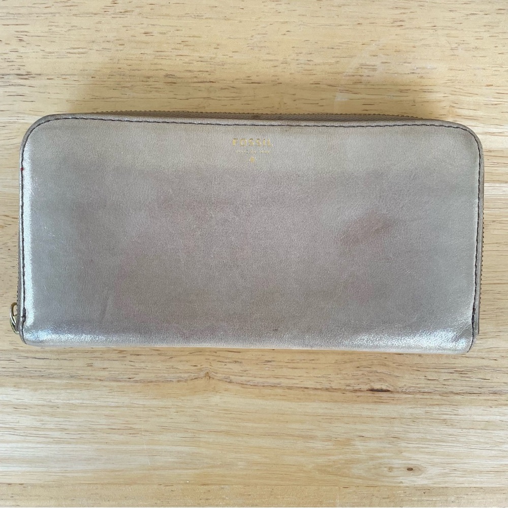 Fossil Metallic Leather Zip Around Wallet with Pink Interior
